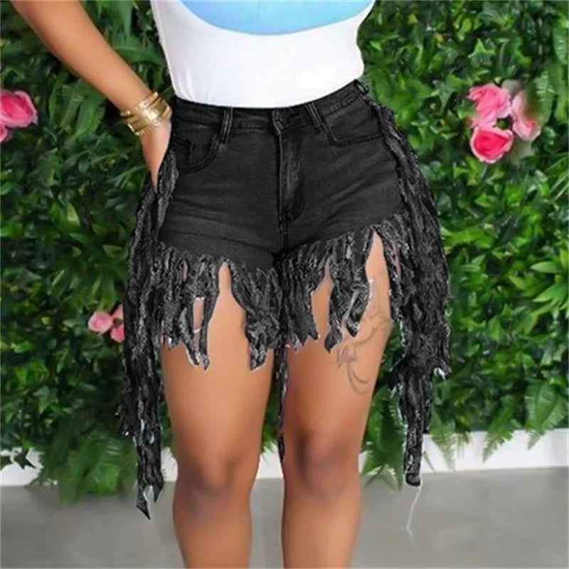 Fashion Tassel Splice Trouser Legs Denim Shorts Women High Waist Button Mini Jeans Female Casual Three Quarter Pants Streetwear - reetell