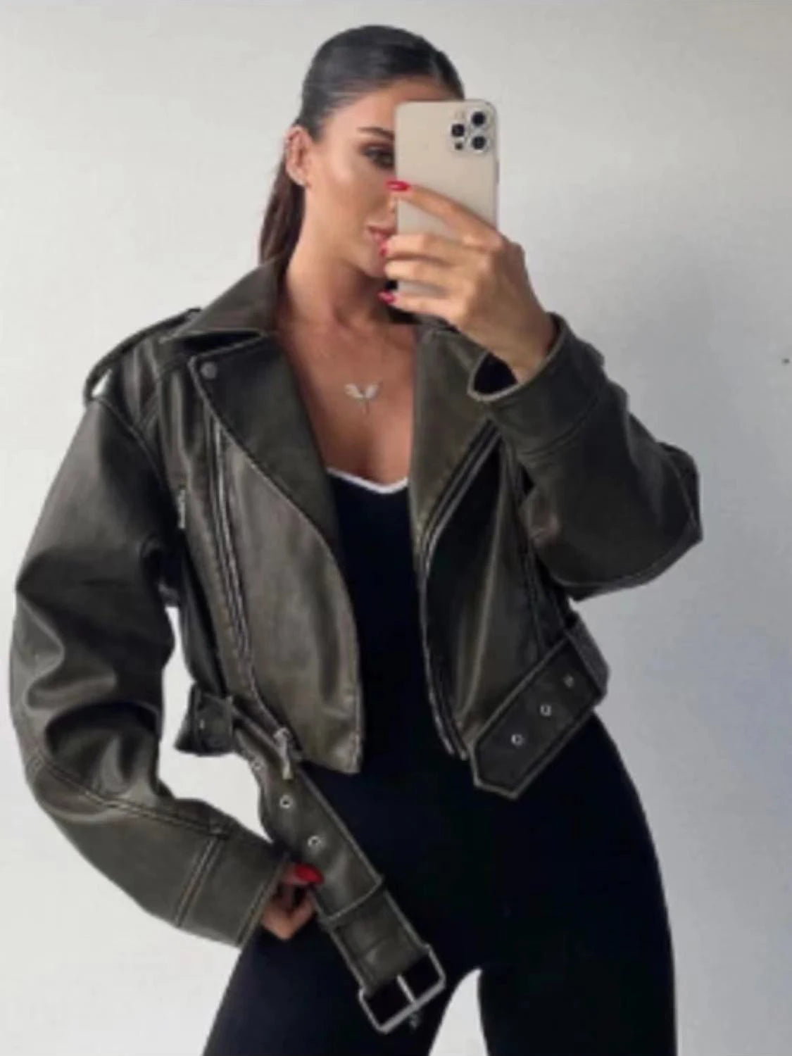 RARF 2024New Coal graysty le Women's washed leather jacket with belt, short coat with downgraded zipper and vintage lapel jacket