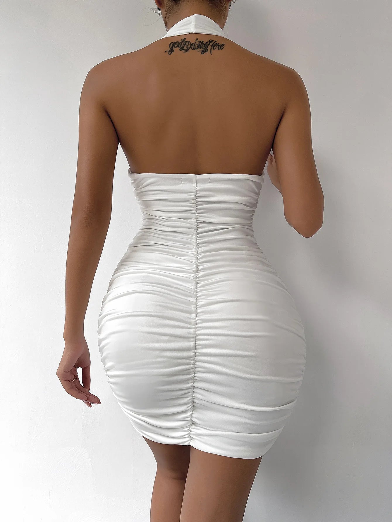 Sexy Deep V Evening Party Sleeveless Backlss Dress 2024 Summer Short White Halter  Dresses Women Tight Club Mini Dress Clubwear - reetell