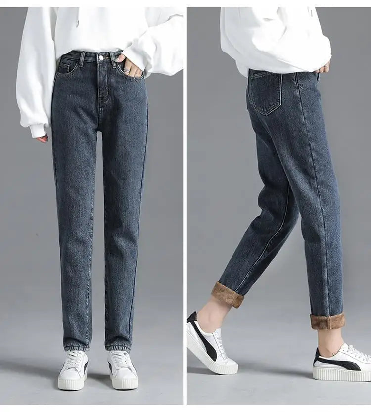 Winter Warm Fleece Jeans Women's High Waist Thick Harlan Straight Denim Pants Plus Size Loose Trousers Lady High Waisted Jeans - reetell