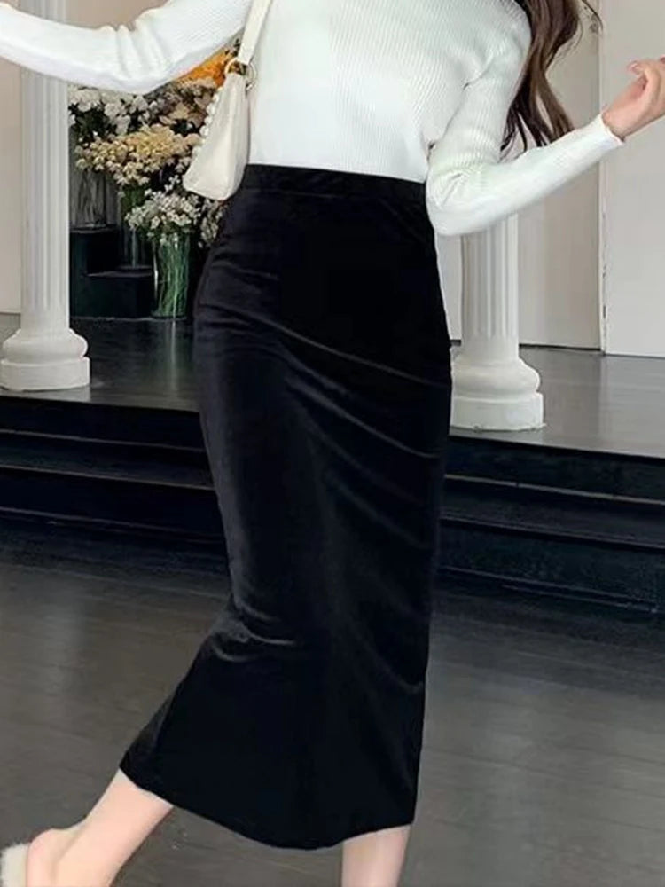 Elegant Velvet Black Long Skirts Women Autumn Winter High Waist Faldas Korean Fahion Clothing Office Ladies Bodycon Midi Skirt - reetell