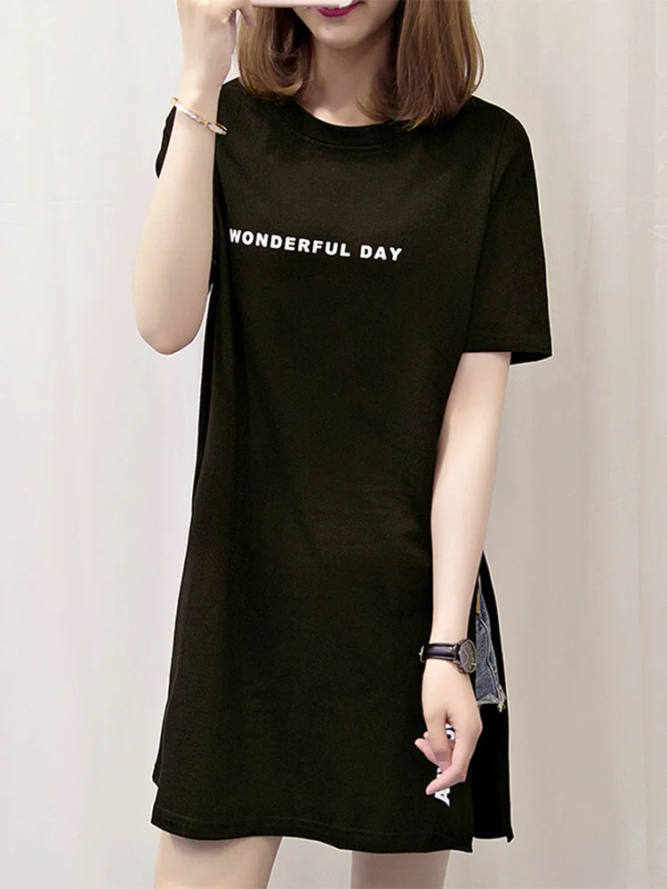 WONDERFUL DAY Print Long T shirts Summer Women Loose Slit Femme Tops Cotton Tshirt Short sleeve Ladies t-shirt - reetell