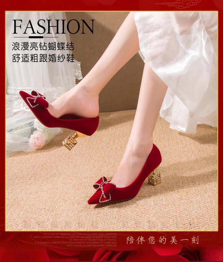 Autumn New Ladies High Heels Pointed Toe Shaped Heel High 5cm and 7cm Wedding Shoes Square Buckle Travel Banquet Shoe High Heels