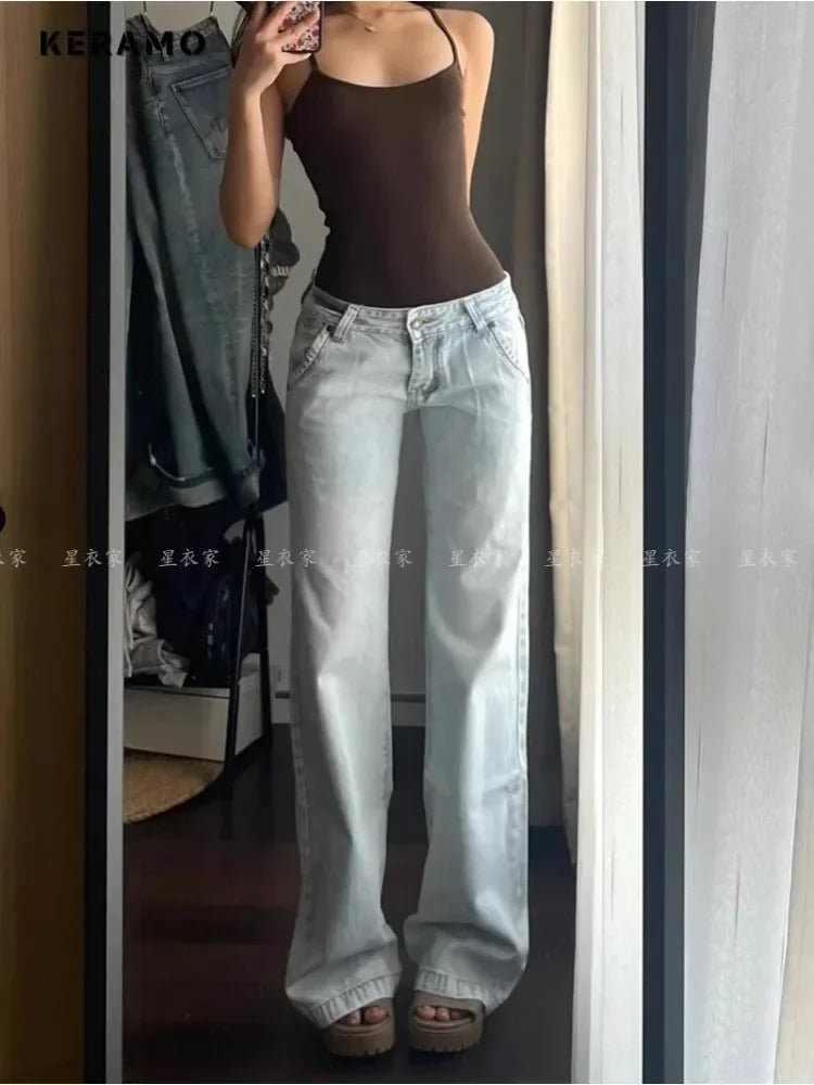 Light Blue Low Waist Jeans Woman Streetwear American Vintage Denim Pants Female Casual Washed Straight Pantalons Mujer Fall 2024 - reetell