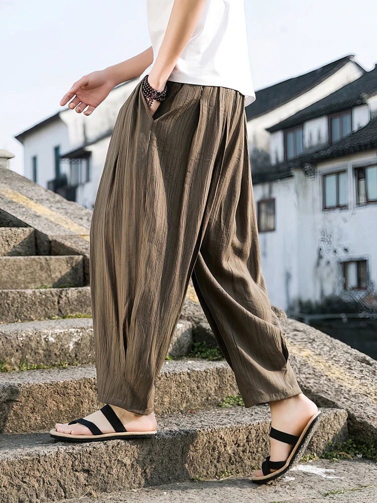 Ice Silk Casual Linen Pants Men Oversize Chinese Summer Wide leg Baggy Sweatpants Male Outdoor Sport Harem Trousers