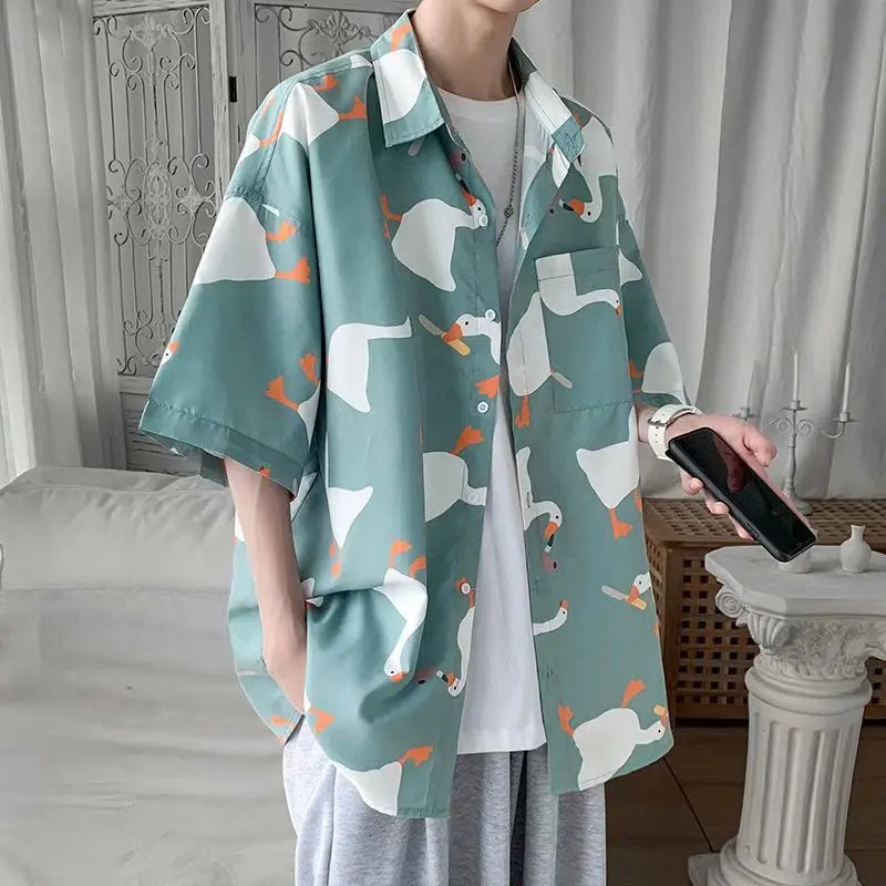 Men's Summer Thin Short Sleeve Shirt Loose Fit Casual Versatile Tops Fashion Goose Print Button Pockets Hawaiian Beach Shirt - reetell