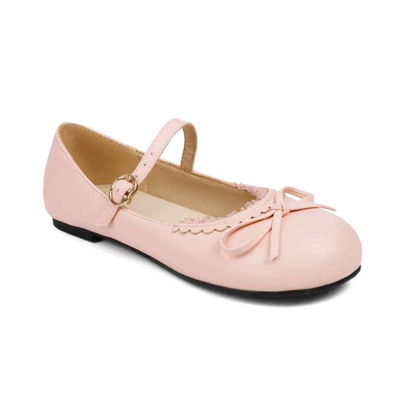 Spring Autumn Pink White Mary Janes Flat Shoes Woman Round Toe Buckle Strap Lolita Girls Student Ballet Flats Plus Size 43 44 45 - reetell