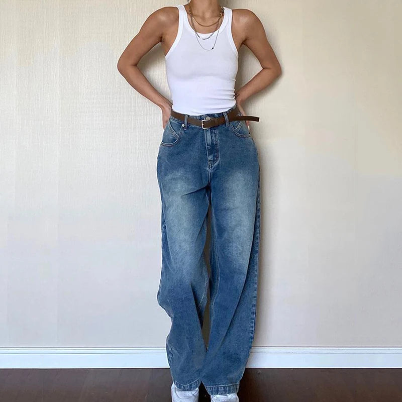 Rimocy 2024 Dark Blue Baggy Jeans Women Grunge Y2K High Waist Wide Leg Denim Trousers Woman Fashion Boyfriend Mom Pants Female - reetell