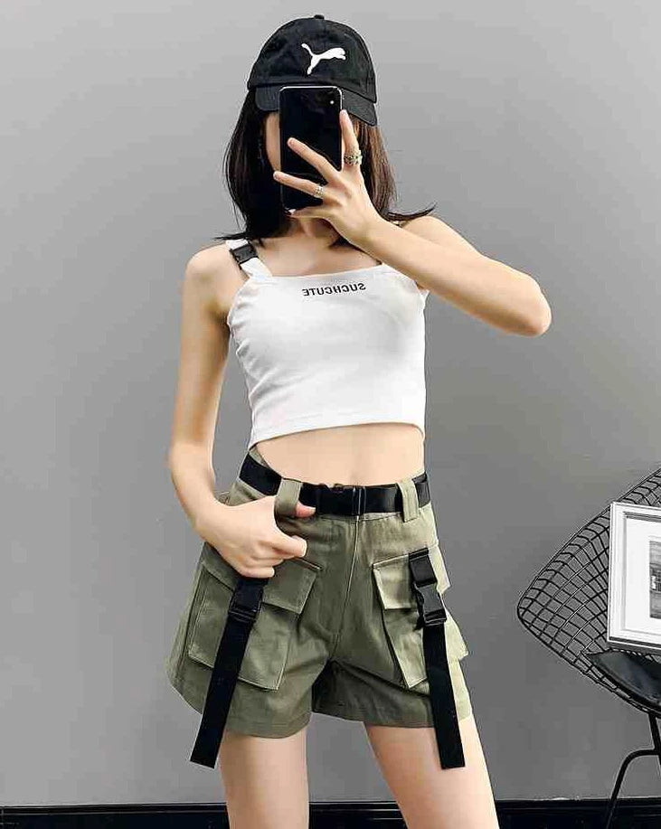 Boxer Women's Cargo Shorts with Pockets Female Short Pants Wide High Waist Korean Style Aesthetic Design Harajuku Fashion Cheap - reetell