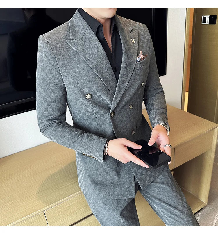 (Jacket+Pants) 2 Pieces Blue Apricot Business Party Men Suits Double Breasted Formal Style Custom Made Wedding Groom Tuxedos - reetell