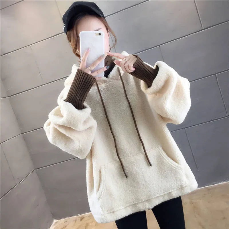 Faux Lamb Sweatshirt Women Loose Fake Two Piece Fashion Hoodies Fluffy Big Pocket Letter Long Sleeve Winter Female Tops - reetell