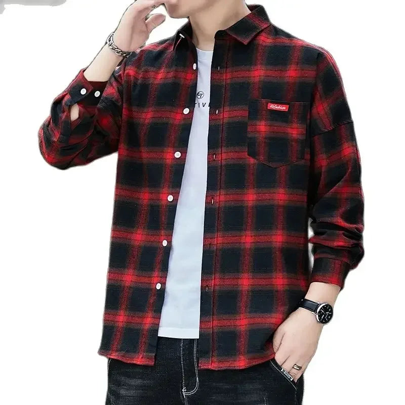 Autumn New Casual Men's Flannel Plaid Shirt Brand Male Business Office Red Black Checkered Long Sleeve Shirts Clothes