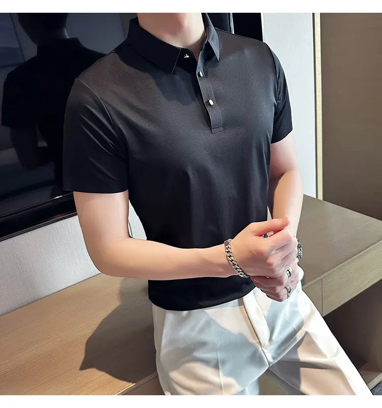 Ice Silk Traceless T-shirt Men's  Business Casual Solid Color Half Sleeve High Elasticity Top Silk Smooth Breathable POLO Shirt