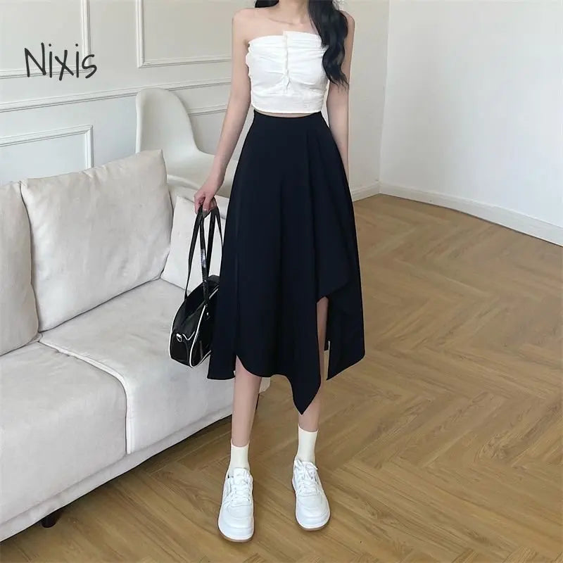 Black Irregular Skirt Women Spring Summer High Waist Thin Mid-length Umbrella Skirts Plus Size Bottoms Vintage Y2k Clothes - reetell