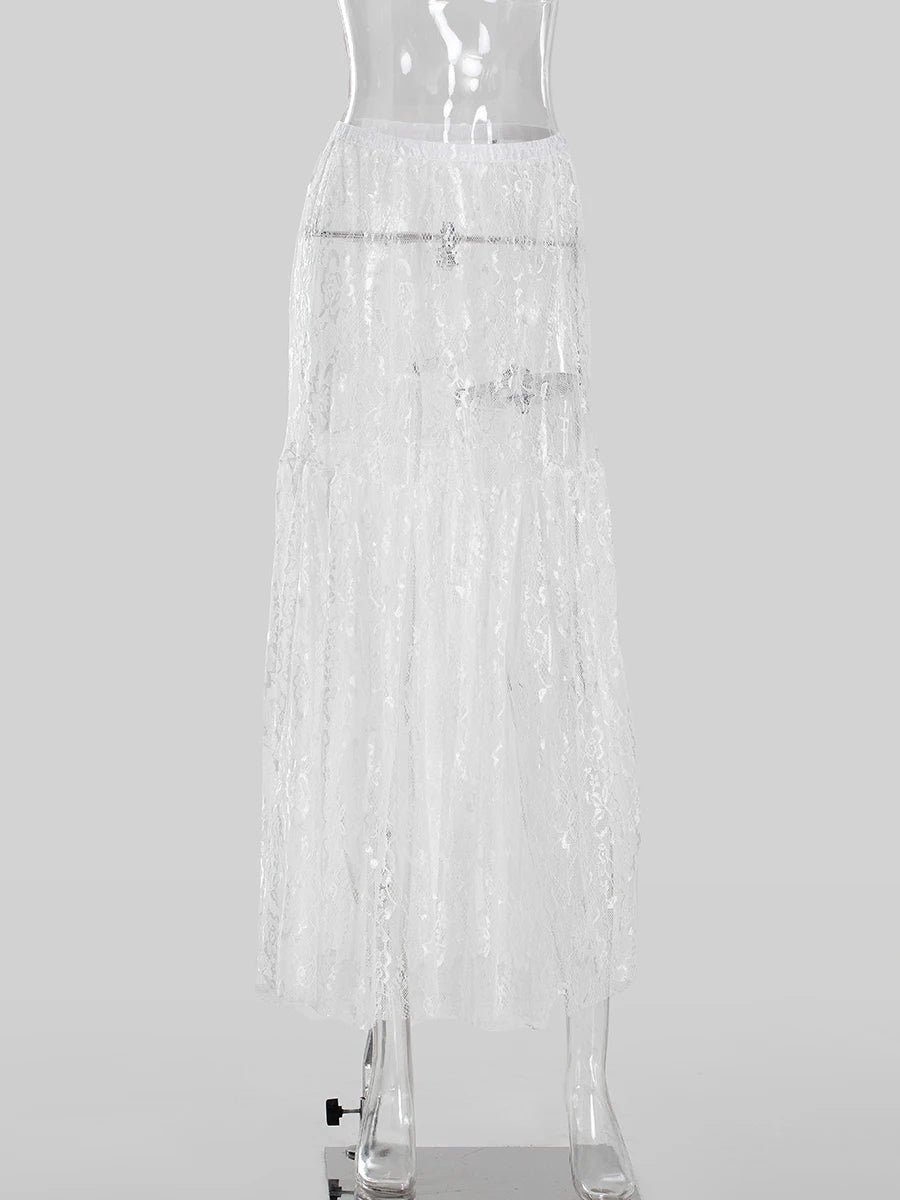 Lace Jacquard Transperant Skirt Women Summer New High Waist Sexy Casual Long Skirts 2024 Streetwear Fashion White Maxi Skirt - reetell