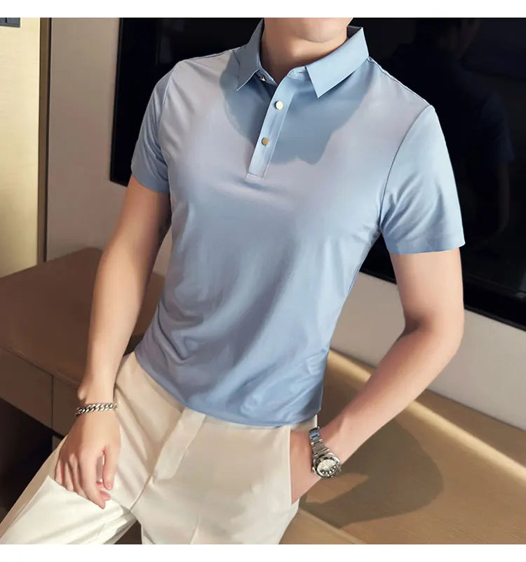 Ice Silk Traceless T-shirt Men's  Business Casual Solid Color Half Sleeve High Elasticity Top Silk Smooth Breathable POLO Shirt