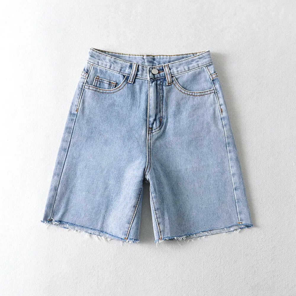 Women High Waist Wide Leg Denim Shorts Tassel 2024 Summer Fashion Streetwear Casual Solid Color Female Loose Straight Jeans - reetell