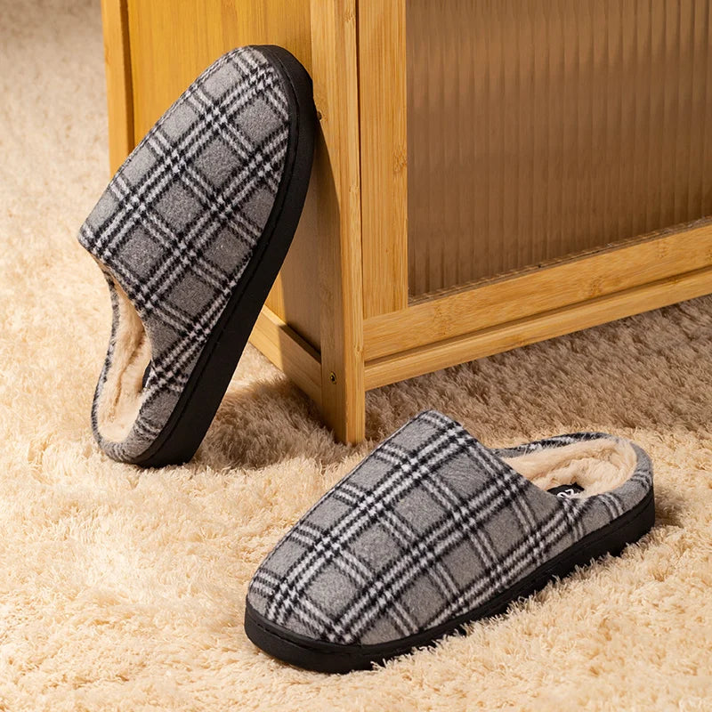 New Men's Striped Warm House Fleece Cozy Non-slip Plaid Cotton Mops Couples Slippers Winter Soft Indoor Bedroom Couples Shoes