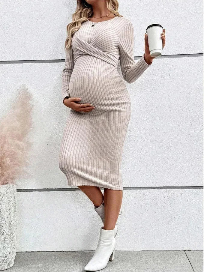 Autumn Winter American Casual Across Ties  A Line Slim Dress Maternity Elegant A Line Hot Clothes for Pregnant Women Pregnancy