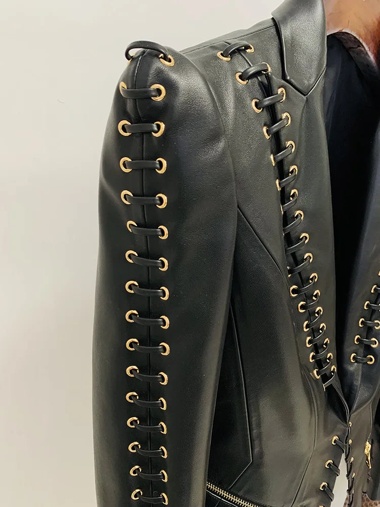 HIGH QUALITY Newest Fashion 2024 Designer Jacket Women's Rope Lacing Up Slim Fitting Leather Blazer