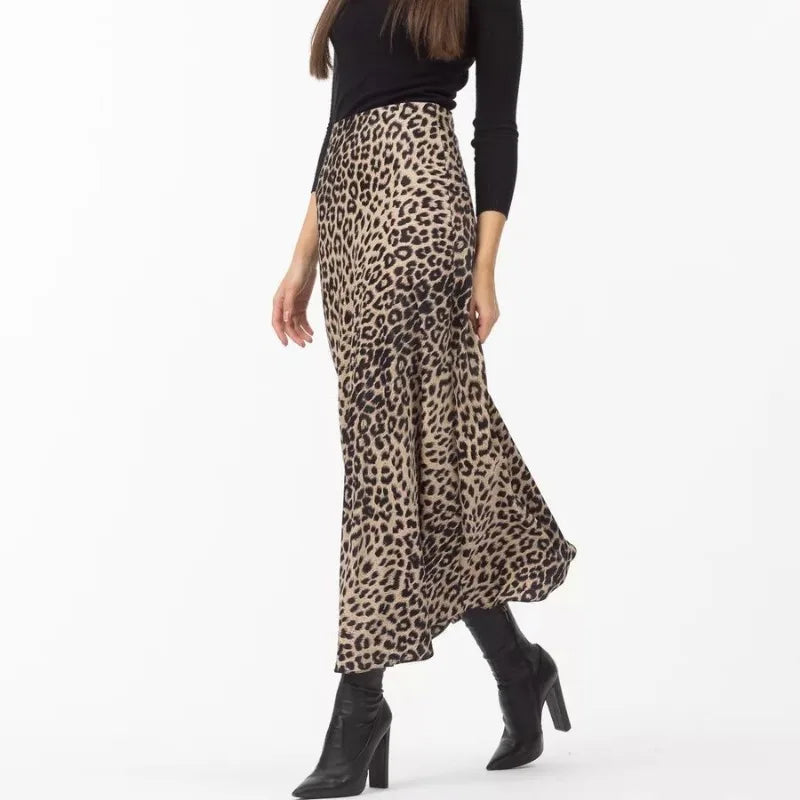 Sexy Leopard Print Long Skirts For Women 2024 Summer Fashion Vintage Women's Satin Maxi Skirt Female High Waist A-Line Skirt - reetell