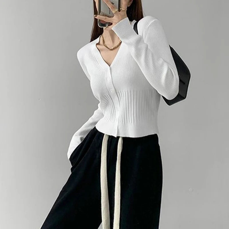 Korean Style Slim Fit Black Cardigan Woman Long Sleeve V Neck Cardigans Women 2024 Chic Solid Color Knitted Crop Tops Female - reetell