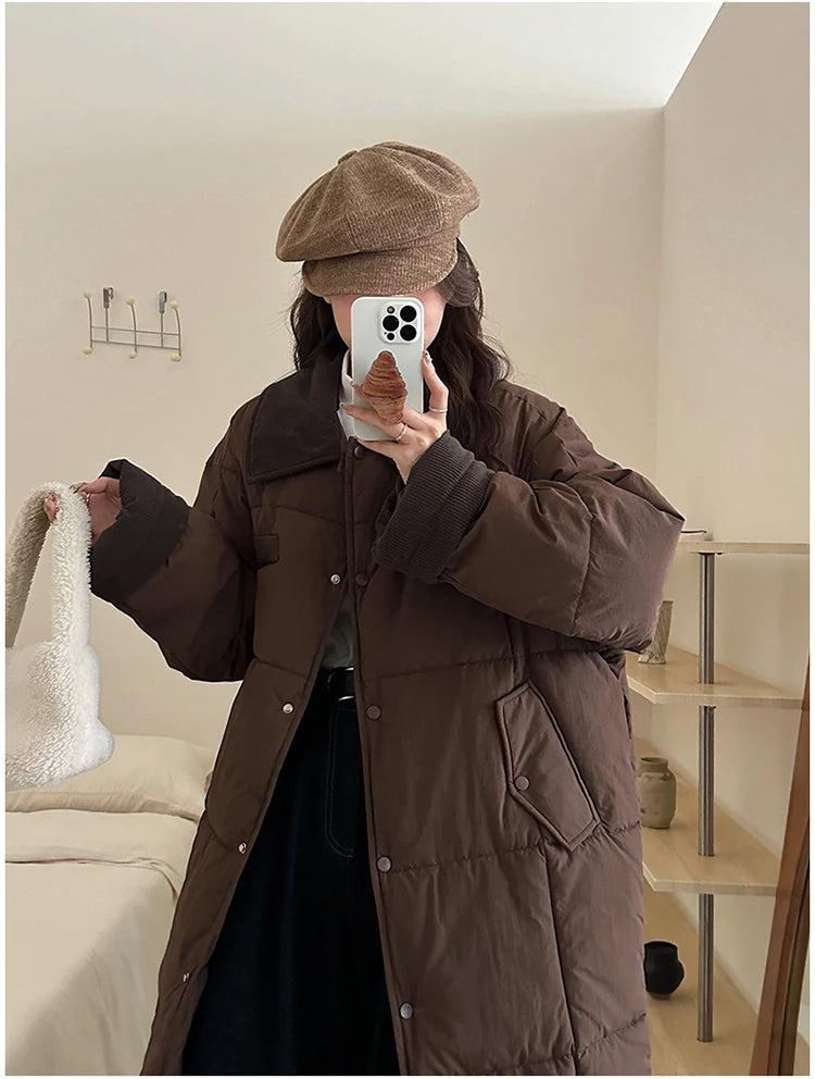 Winter Women's Down Puffer Jackets Baggy Thickening Warm Corduroy Collar Clothing Boutique Clothes Cotton Medium and Long Coats