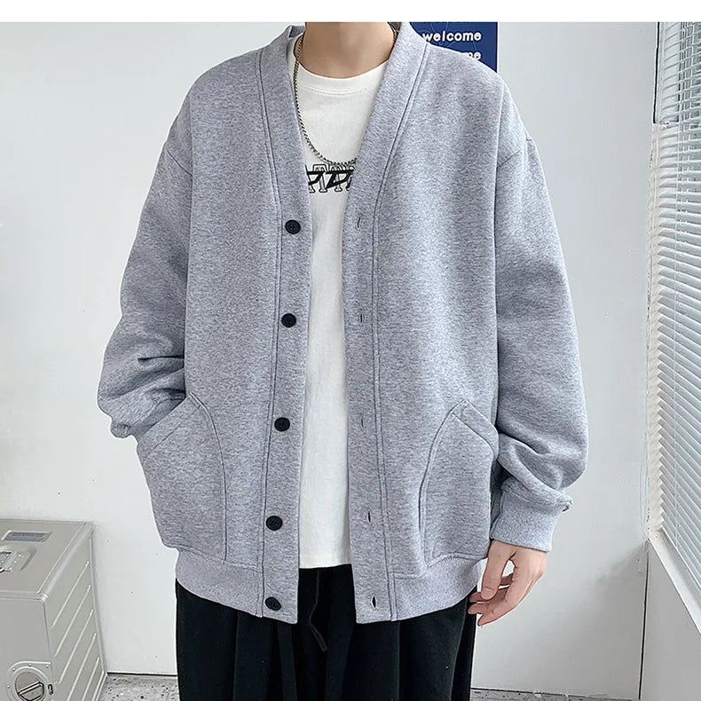 2023 Korean Sweatshirts Men Fashion Solid Color Style Hoodies Autumn Brand Casual Loose Coat Street Thick Warm Male Cardigans - reetell