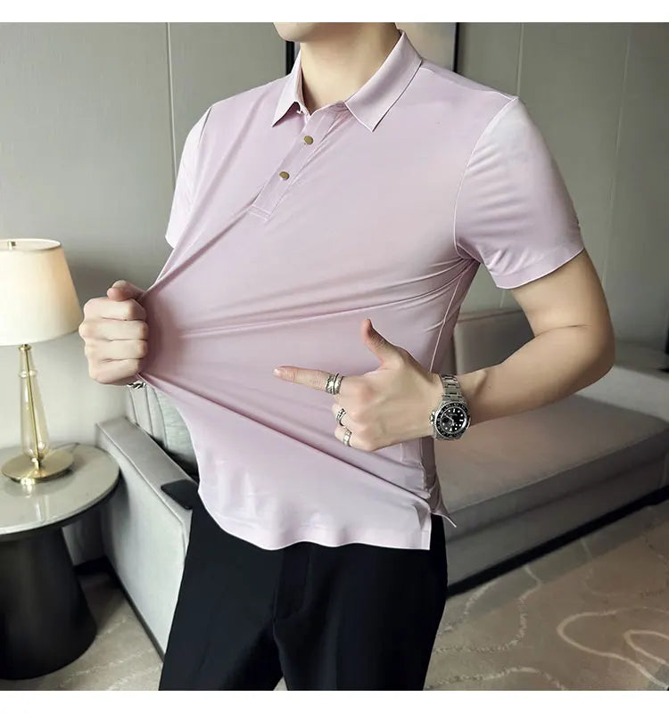 Ice Silk Traceless T-shirt Men's  Business Casual Solid Color Half Sleeve High Elasticity Top Silk Smooth Breathable POLO Shirt