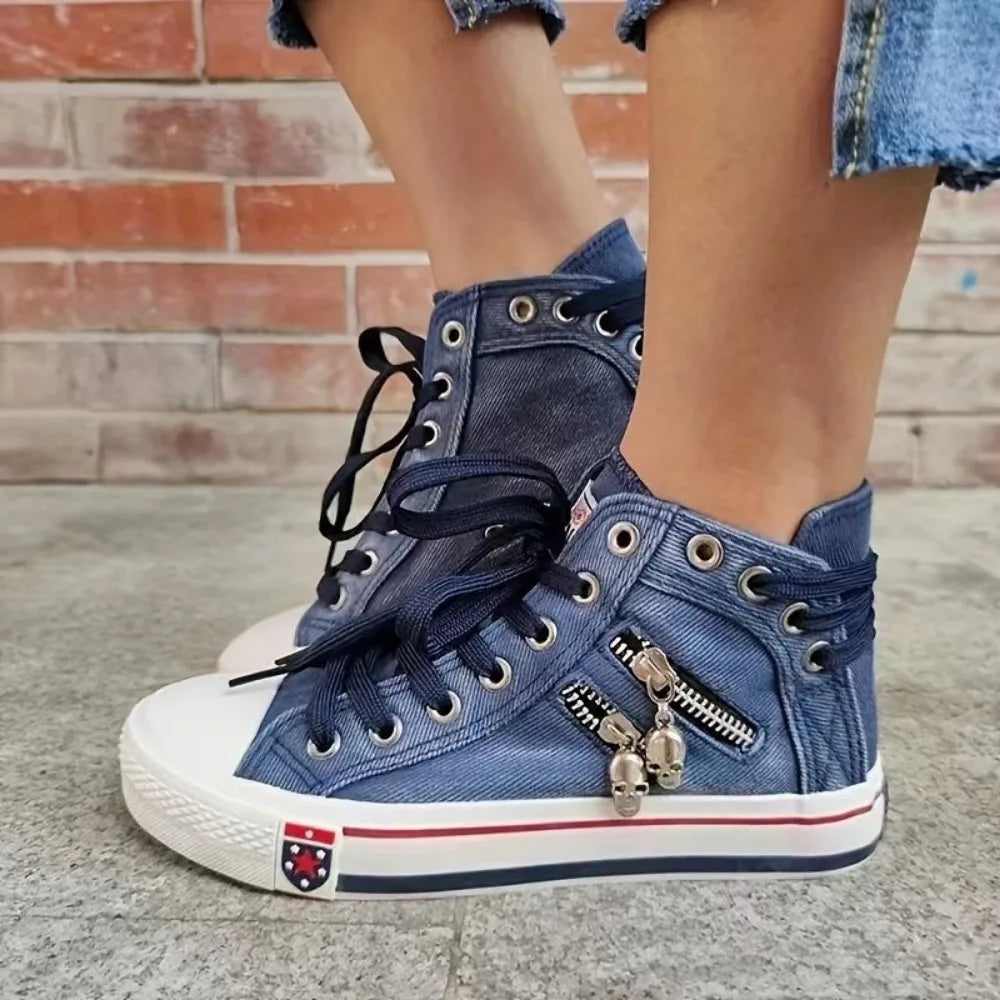 2024 New Women Canvas Shoes Retro Lace Skull Light Blue Retro Denim High Top Sneakers Classic Metal Decoration Casual Zapatillas