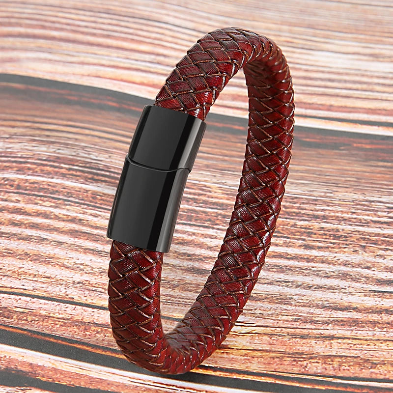 Mibrow Vintage Braided Genuine Leather Bracelet for Men Women Stainless Steel Magnetic Clasps Bracelets Punk Charm Men Jewelry