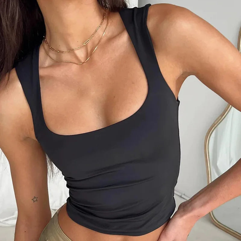 Sleeveless  Collar Crop Top Women Tank Tops Casual   Y2K  Summer 2024  Black T Shirts Sexy - reetell