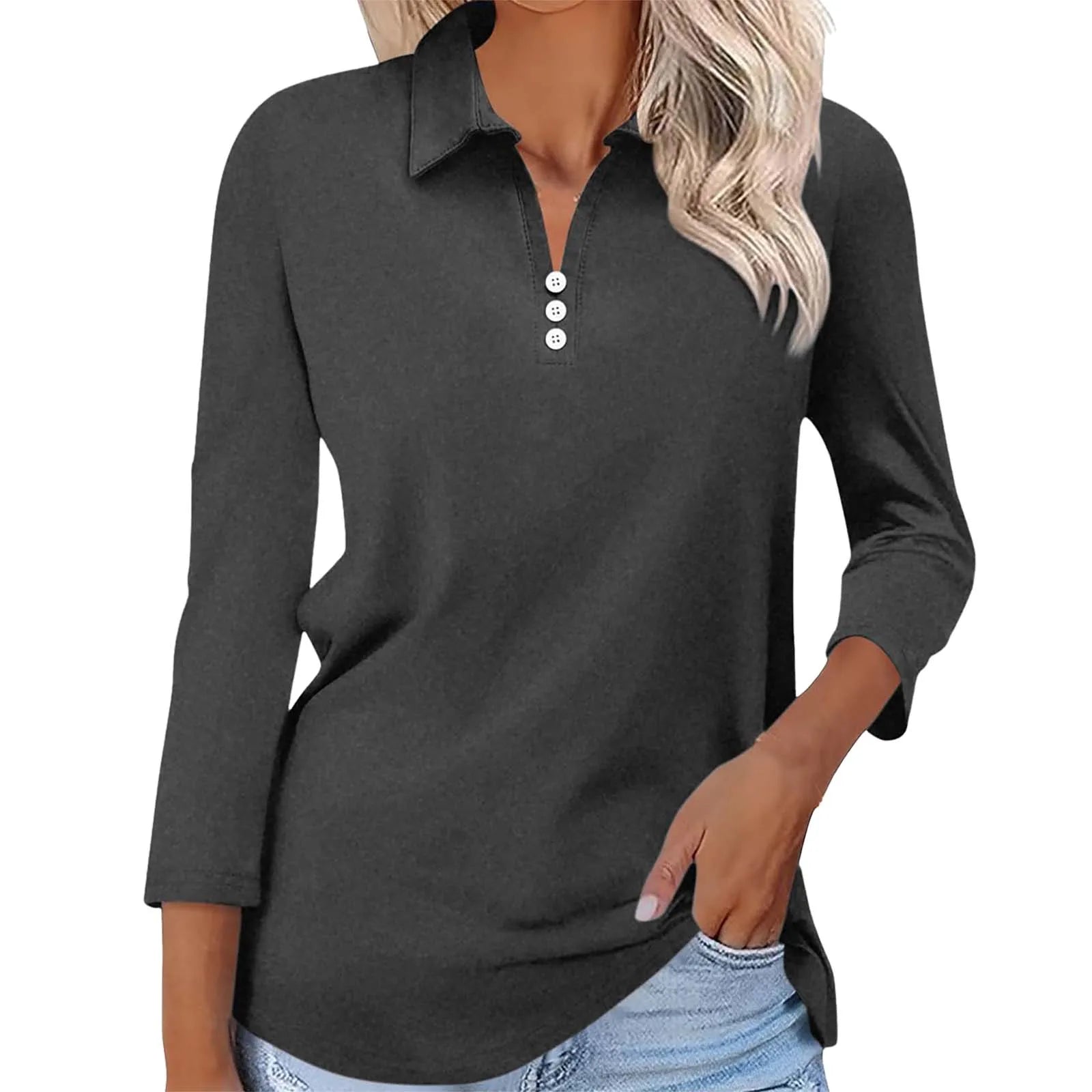 Fashion Long Sleeves Solid Polo Shirt Woman Autumn Lapel Buttons Office Casual T-shirt Tops Women 3/4 Sleeve Pullover Female - reetell