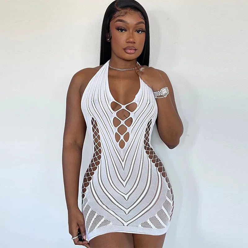 Sexy Fishnet Halter Backless Dress Low Cut Tight Pencil Cute Dress Mini Short Dress Nightclub Dance Dress Dresses For Women 2023 - reetell