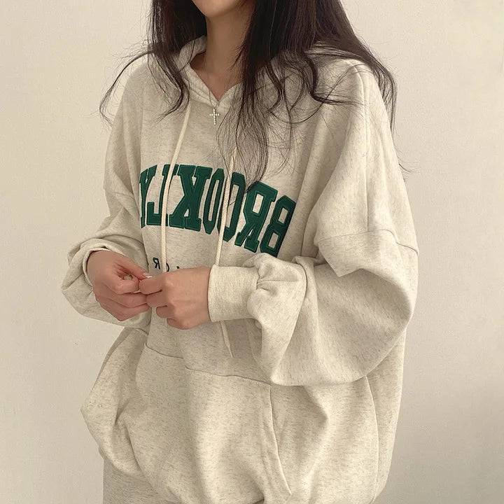 BROOKLYN Letter Print Hoodies Women Retro Chic Long Sleeve Loose Pullovers 2024 Harajuku Casual Hooded Sweatshirt Y2K Streetwear - reetell