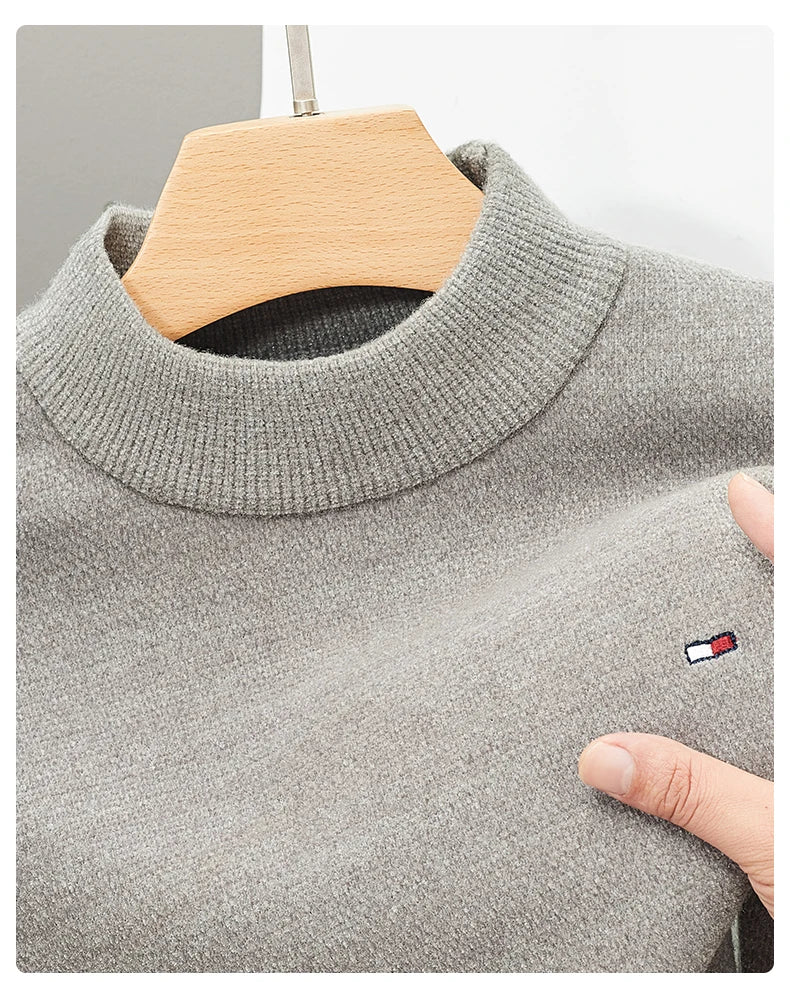 New Brand Men's Knitted Sweater Winter Mock Neck Warm Casual Solid Color Embroidered Pullover Korean Fashion Casual Men Clothing - reetell