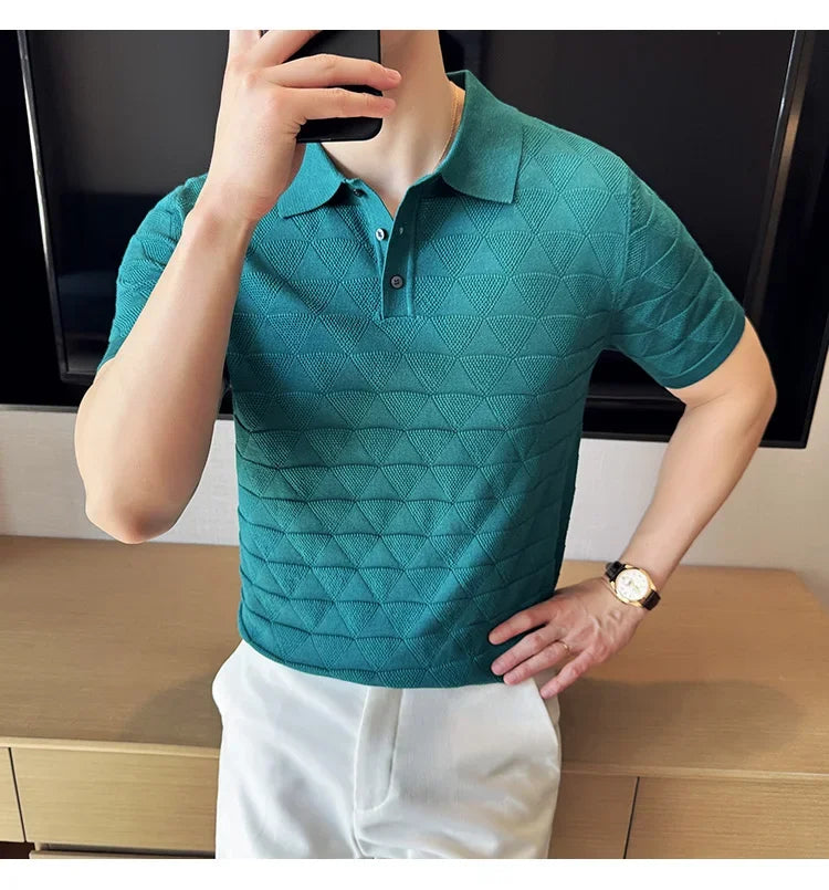 High-quality Men's Jacquard Polo Shirt, Business Casual Men's Solid Color Short-sleeved Top,  Geometric Pattern Men's T-shirt.