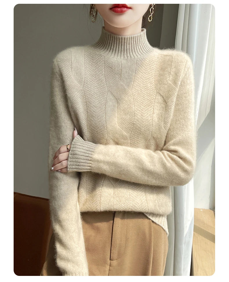 100% Merino Wool Half Turtleneck Pullover Women's Autumn and Winter Thick Twist Flower Sweater Korean Fashion Women's Wear - reetell