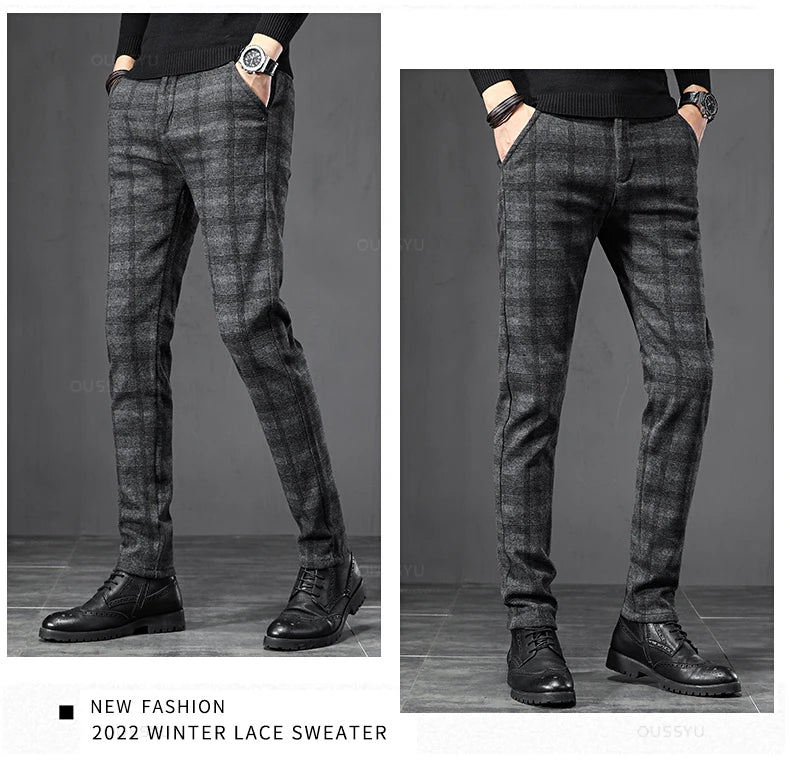 2024 New Spring Autumn England Plaid Work Stretch Pants Men Business Fashion Slim Grey Blue Casual Pant Male Brand Trousers 38 - reetell