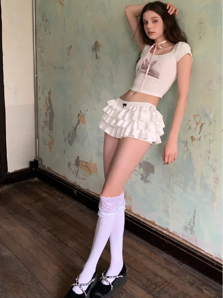 Y2k Kawaii Cute Cake Ruffles White Mini Skirt Women Bow Slim Skirt Elastic Waist Summer A-line Skirt Going Out Party Streetwear - reetell