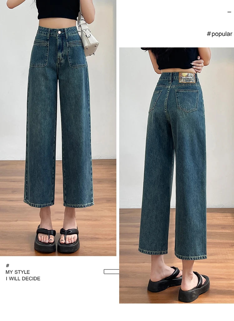 No stretch women jeans new straight leg wide streetwear high waist boyfriend pockets denim trousers cargo pants japanese y2k - reetell