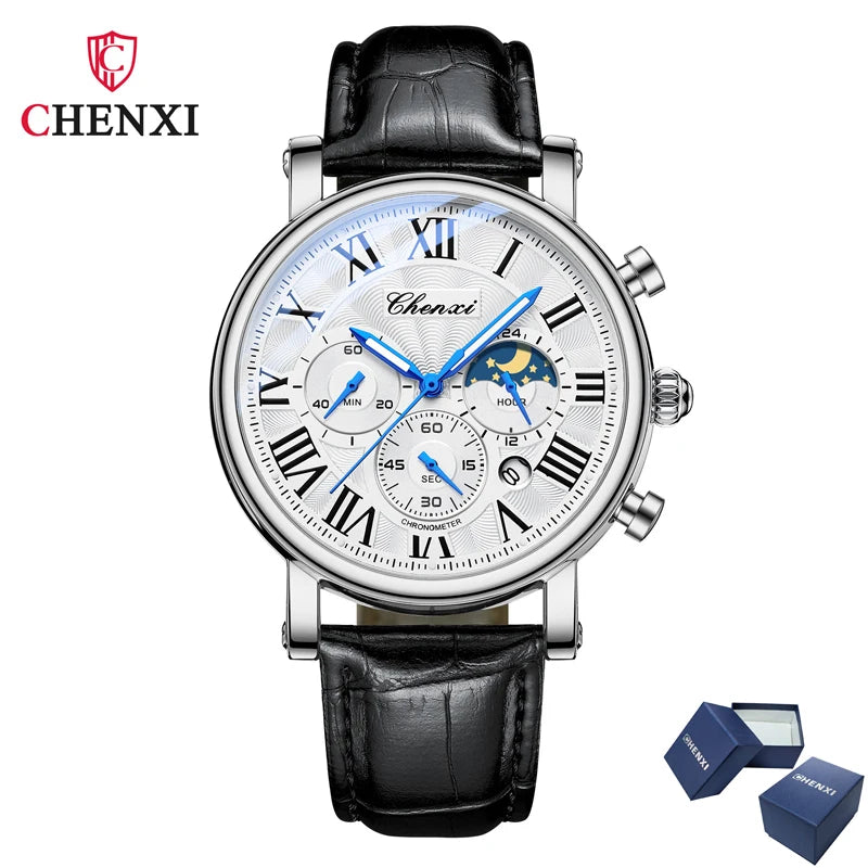 CHENXI 973 Multi-function Business Moon Phase Date Waterproof Rome Analog Imported Men Wristwatch Dial Quartz Leather Watches