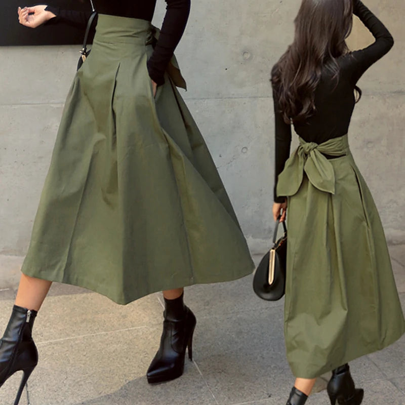 Skirts Womens Korean Fashion Solid Color Big Swing Ladies Skirt Long Skirt 2022 Autumn Wild High Waist Bow Slim Skirts - reetell