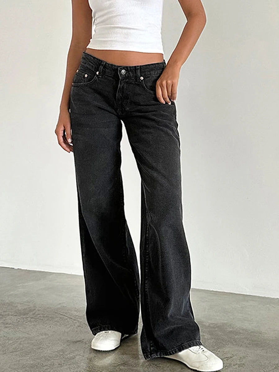 Women's Low Rise Jeans Wide Leg Trousers with Multi Pockets Oversized Fit Floor Length Buttons and with zip Washed Denim Pants - reetell