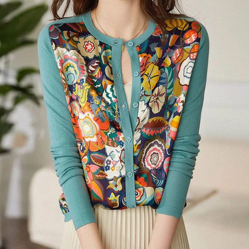 2023 Spring Autumn Round Neck Fashion Printing Sweater Women High Street Casual Long Sleeve Button All-match Elegant Cardigan - reetell