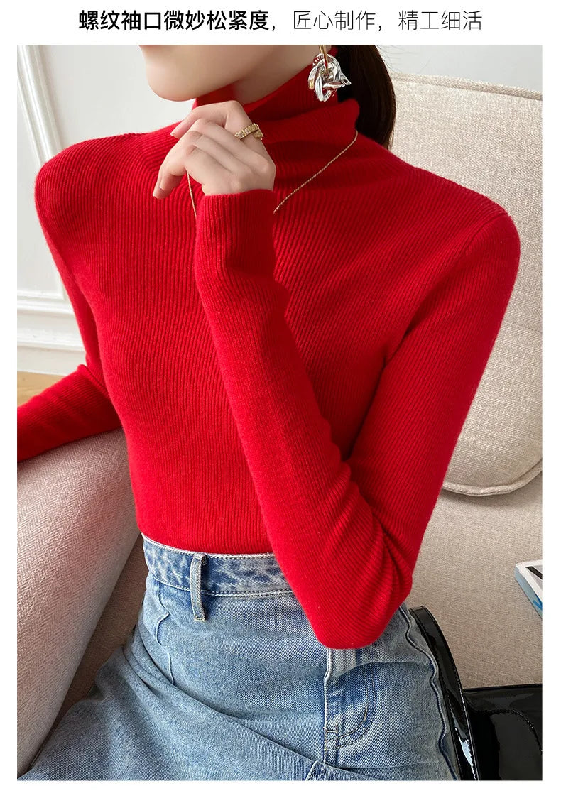 Women Sweater Winter Cashmere Turtleneck Warm Knitwear Korean Casual Solid Bottoming Shirt Fashion Knit Pullovers Brown Sweater - reetell