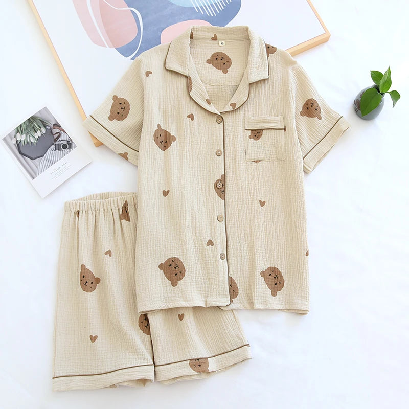 Summer Couple Pure Cotton Cute Bear Pajamas Set Crepe Gauze Sleepwear Female Short Sleeved Pijama Loungewear Crepe Ladies Pyjama