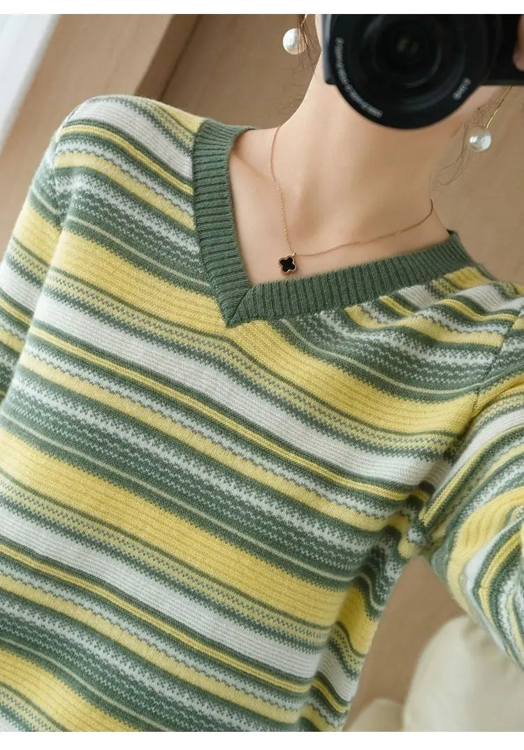 Autumn Winter Elegant Fashion Rainbow Knitting Tops Women All Match Casual Knitwear Long Sleeve Stripe Sweaters Thick Pullover - reetell