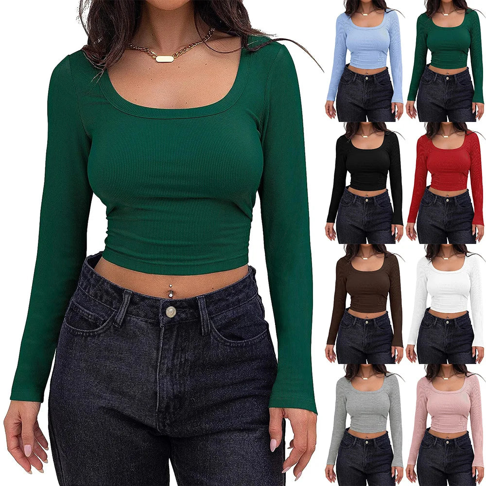 Women's Long Sleeve Square Neck Crop Top Ribbed Slim Fitted Y2K Casual T-Shirt Tops - reetell