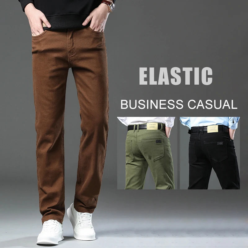 3 Colors Autumn New Men's Clothing Slim Jeans Fashion Brown Business Casual Stretch Denim Pants Male Brand Trousers - reetell